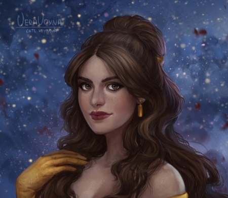 Belle - princess, beauty and the beast, belle, fantasy, fanart, yellow, portrait, luminos, blue, disney, glove, cate voynova