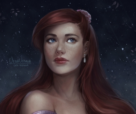 Ariel - ariel, blue, portrait, cate voynova, fantasy, redhead, mermaid, fanart, princess, face, luminos, sky