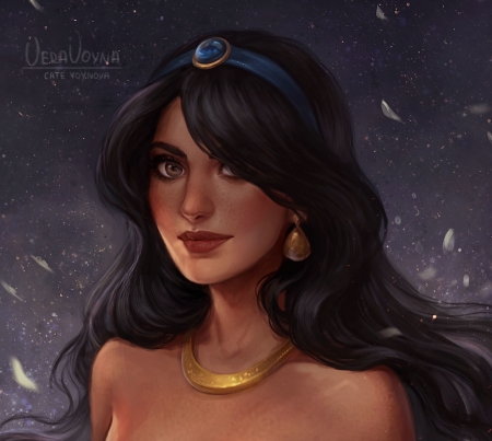 Jasmine - portrait, girl, cate voynova, fantasy, fanart, princess, face, disney, luminos