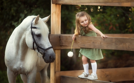 Little cowgirl - fence, girl, cowgirl, child, copil, white, horse, animal, cal, green, cute, dress