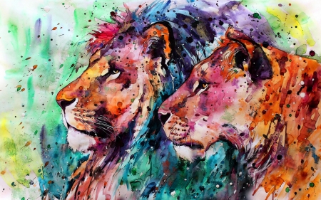 Lions - lion, painting, art, pink, blue, animal, pictura, green, lioness