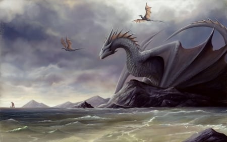 Dragon - black, fantasy, dragon, wings, luminos