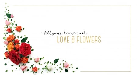 Fill your heart with Love and Flowers - white, card, flower, rose, quote, word, watercolor