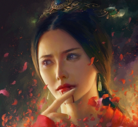 Beauty - girl, fantasy, asian, painting, face, art, portrait, red, petals, pictura, carter adair