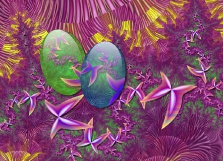 Easter - eggs, blossoms, artwork, petals