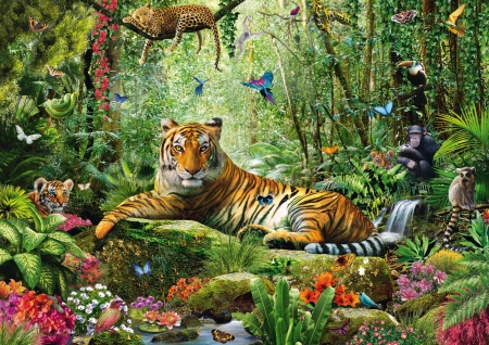 Tiger - fantasy, animal, green, jungle, tigru, flower, tiger, luminos