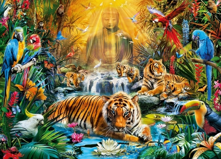 Tigers and parrots - vara, summer, fantasy, tigru, pasare, bird, parrot, luminos, animal, tiger