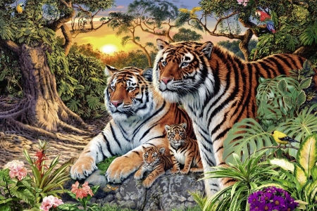 Tigers - cub, family, fantasy, tiger, cute, big cat, luminos, tigru