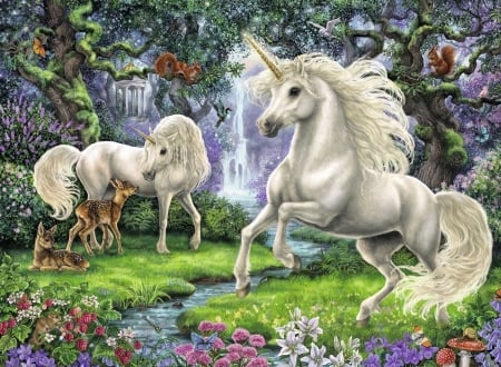 Unicorns - forest, fantasy, squirrel, luminos, deer, unicorn