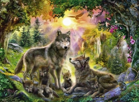 Wolves - summer, cub, wolf, forest, lup, fantasy, animal, green, luminos