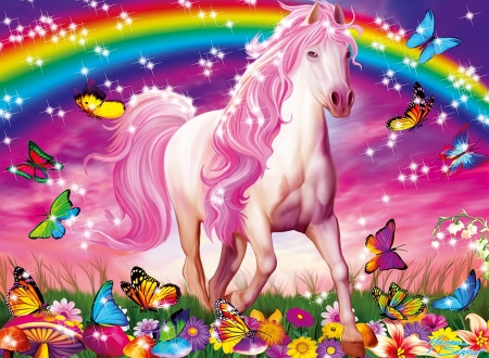 Pink horse - colorful, fantasy, rainbow, butterfly, flower, horse, pink