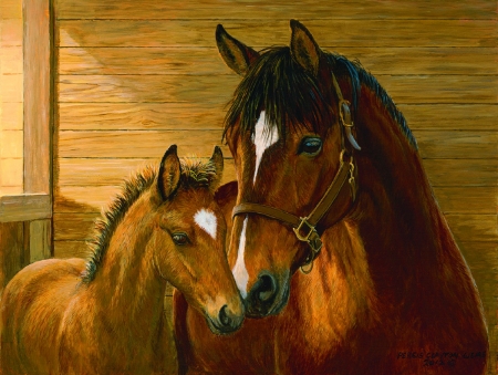 Tenderness - painting, brown, art, horse, baby, mother, cal, pictura