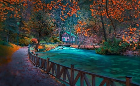 Autumn Park - house, river, trees, autumn, Bosnia, road