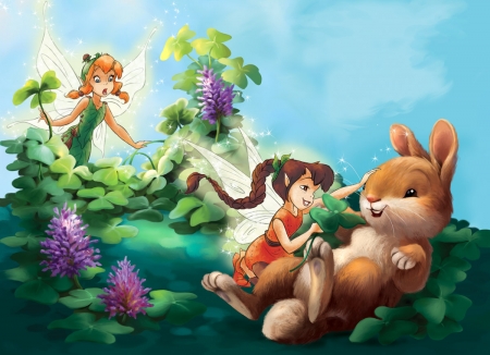 Fairies and bunny - fawn, fantasy, animal, green, cute, fairy, disney, bunny