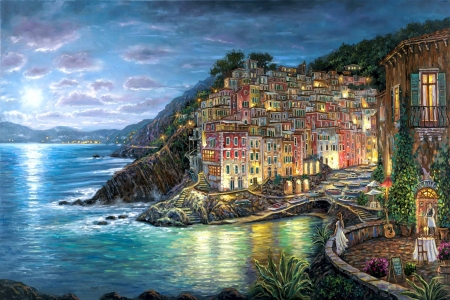 Awaiting My Love, Riomaggiore - woman, houses, italy, chairs, tables, painting, restaurant, artwork, amalfi, sea