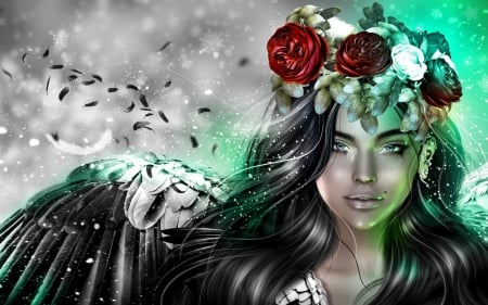 Girl - angel, red, face, luminos, girl, feather, flower, black, fantasy, white, wreath, green, wings, rendering, ngs, bw, rose