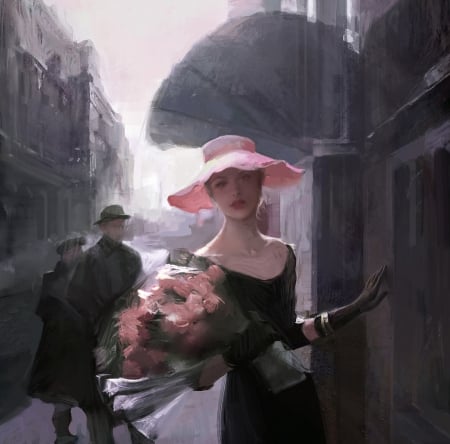 Beauty - street, hat, people, girl, bouquet, fantasy, black, art, pink, luminos, flower