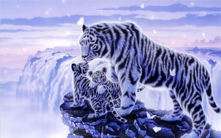 Tigers - cub, mother, fantasy, white, art, butterfly, luminos, blue, tiger, cute