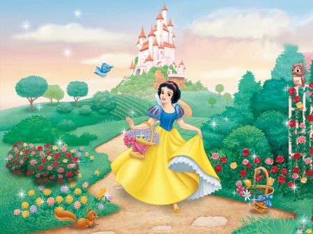 Snow White - princess, girl, fantasy, luminos, castle, snow white, disney, green, garden