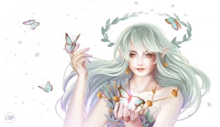 Dream - ilaria alraune, girl, orange, frumusete, fantasy, white, green, aramis dream, butterfly, luminos