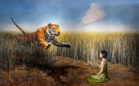 Dream - fantasy, animal, girl, murphytodd, tigru, tiger, luminos