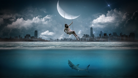 Swinging in the Moonlight - moon, sky, vara, girl, water, summer, fantasy, white, cloud, luminos, blue, swing, luna