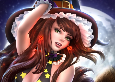 Witch - witch, madeleineink, hat, fantasy, girl, halloween, face, luminos