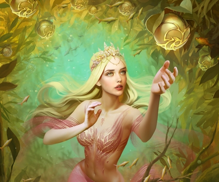 Seafruit - vara, girl, seafruit, frumusete, summer, tsvetka, fantasy, underwater, yellow, mermaid, hand, luminos, green