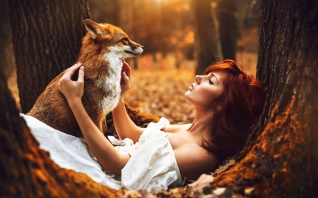 Redhead and Red Fox - Woman, Red, Redhead, Fox