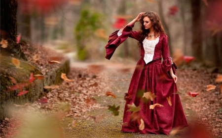 Red Dress - Woman, Autumn, Red, Leaves, Dress