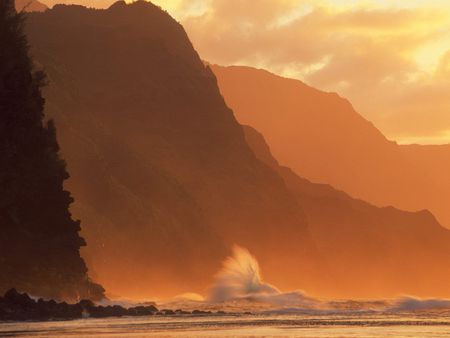 Incoming tide (Kauai) - ocean, kauai, hawaii, mountains, napali coast, waves, tide, orange, sea, sunrise