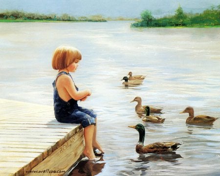 Summer lake - girl, lake, ducks, summer