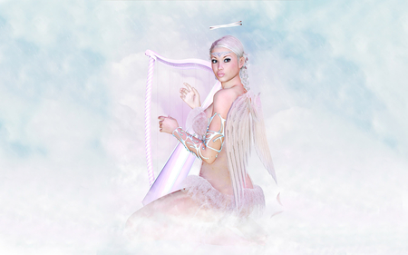 Angel - clouds, white, wings, girl, pink, sky, beautyfull