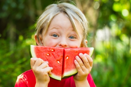 :) - watermelon, girl, summer, child, copil, fruit, face, hand, red, green, cute, little