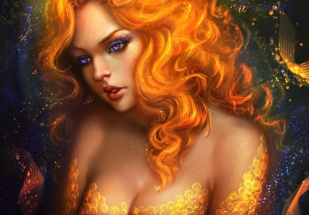 Golden mermaid - summer, frumusete, fantasy, siren, mermaid, ayyasap, golden, vara, luminos