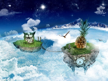 Fantasy - bird, summer, blue, creative, cat, fantasy, white, pinapple, cloud, fruit, pisici