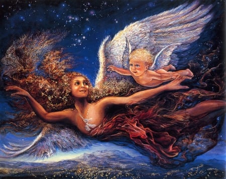 First flight - red, child, cupid, girl, blue, art, wings, fantasy, luminos, angel, josephine wall