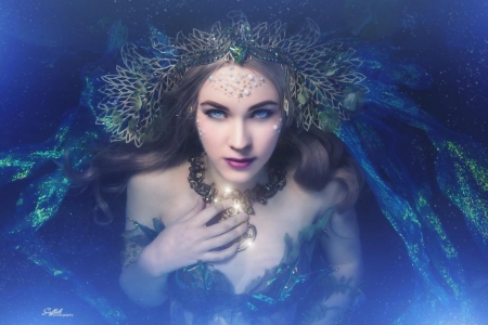 The nereid - summer, blue, lillyxandra, girl, frumusete, fantasy, siren, hand, gorgeous, mermaid, nereid, vara, luminos