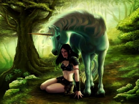 Girl and unicorn - fantasy, luminos, girl, unicorn, green