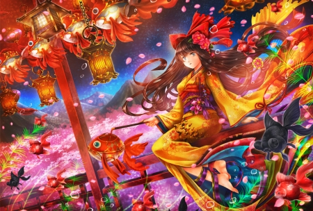 Girl - girl, vara, luminos, anime, colorful, fish, summer, manga