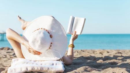 :) - white, beach, girl, vara, hat, summer, book, sea