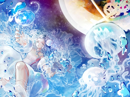 Underwater - vara, girl, jellyfish, summer, bubbles, white, blue, luminos, anime, manga