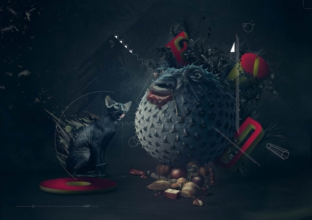 :D - black, fantasy, pisica, balloon, red, fish, creative, cat