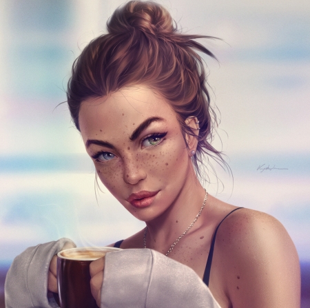 A good cup of coffee - coffee, girl, frumusete, krystopher decker, freckles, fantasy, iris, cup, luminos