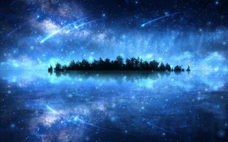 Fallen stars - anime, water, blue, silhouette, night, reflection, fallen stars, black, manga, fantasy, white, luminos, sky