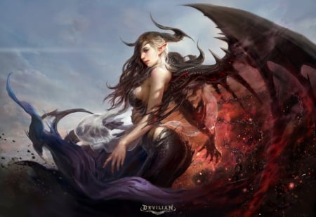 Devilian - bat, girl, horns, fantasy, tae hyun kim, purple, red, wings, art, luminos, demon