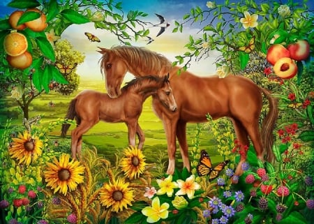 Spirit of Summer - flowers, blossoms, sunflowers, foal, painting, butterflies, fruits, horse