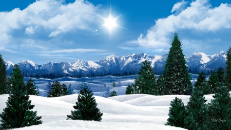 Sun Shining in the Winter - nature, landscape, trees, clouds, snow, sun, winter