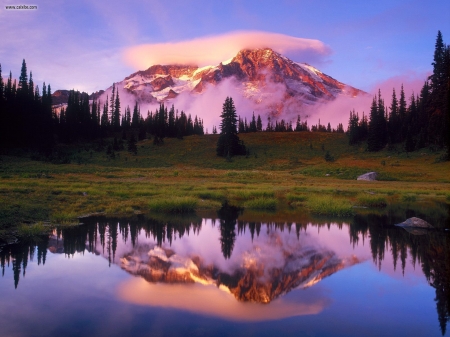 Reflected at Sunset - beauty, sky, trees, water, mountains, nature, reflection, clouds, grass