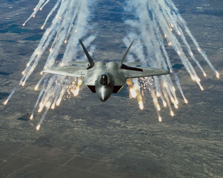F-22 Raptor Deploying Flares - jet, military, flares, fighter, f22, us military, photo, raptor